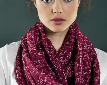 Claret Red Mathematics Pattern Infinity Scarf Print Scarf Long Scarf Women Fashion Accessories Spring Summer Fall Winter Scarf Gift for her