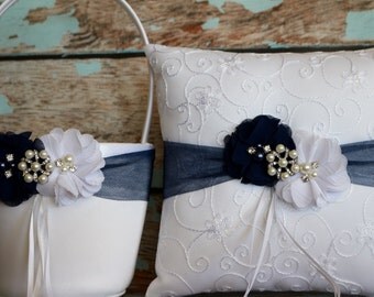Your Color , Flower Girl Basket and Ring Bearer Pillow Set , Navy Blue Ring Bearer Pillow , Flower Girl Basket , Wedding Pillow
