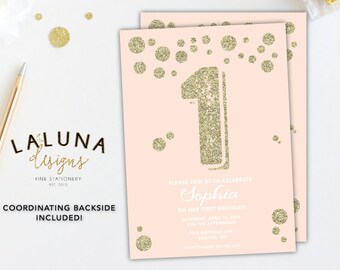 Pink and Gold Birthday Invitation, Pink and Gold First Birthday, Gold Glitter Birthday Invitation, Girl Birthday Invitation, Peach and Gold