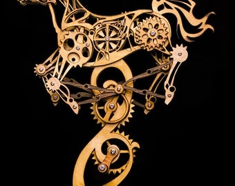 Wind Up Horse Racing Sculpture Kinetic Hand Crank Automata Toy Gift Idea for Horse Lover Laser Cut Wooden Steampunk Clock Gear Cogs Nouveau