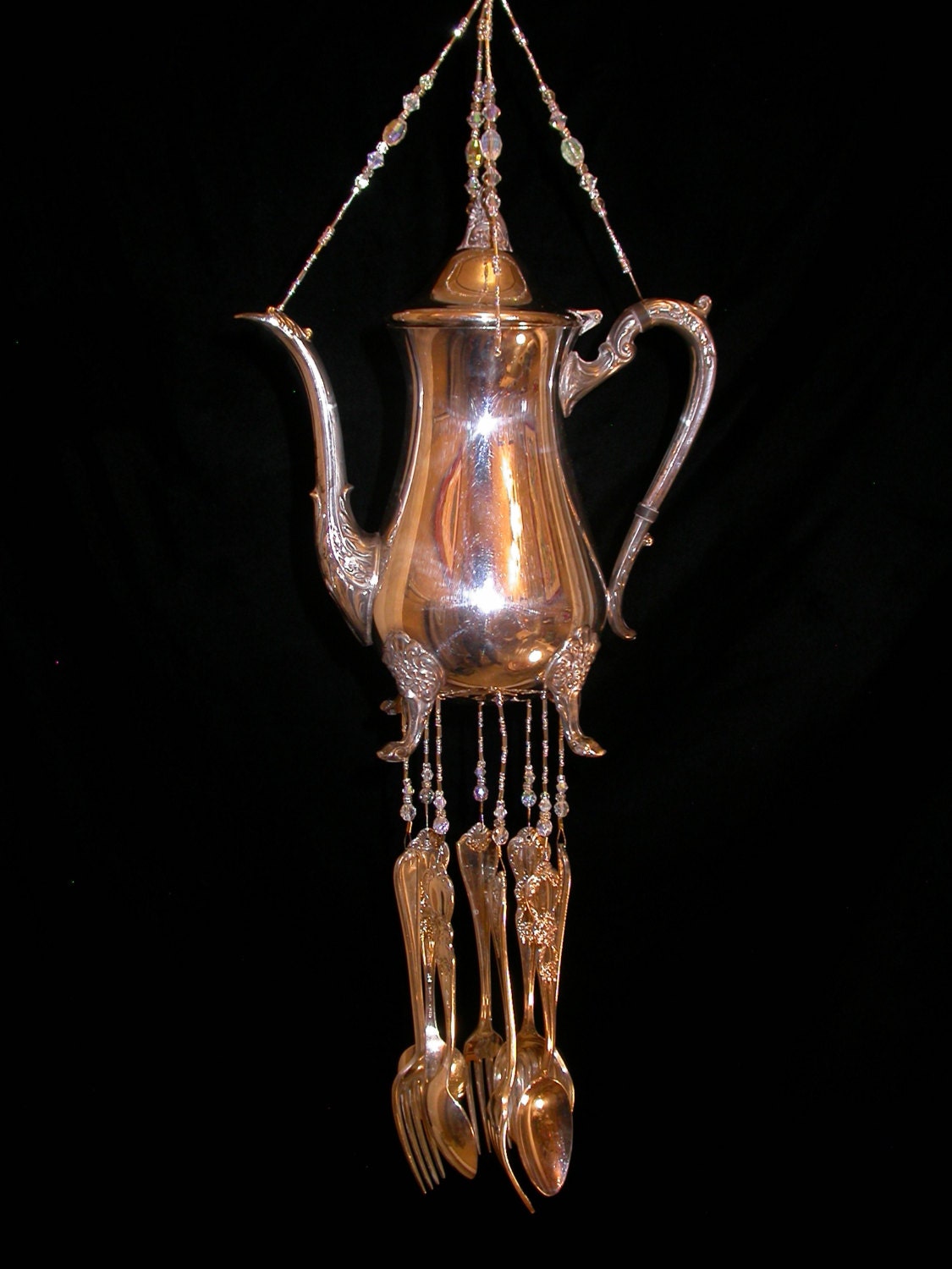Wind Chimes Silver Plate Teapot Silverware Unique Handmade