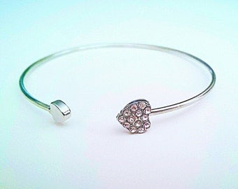 Rhinestone Hearts Bangle Bracelet with Double Hearts Valentine's Day Gifts in Silver