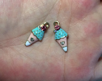 2 - Gold and Blue Enamel Rhinestone Ice Cream Cone Charms