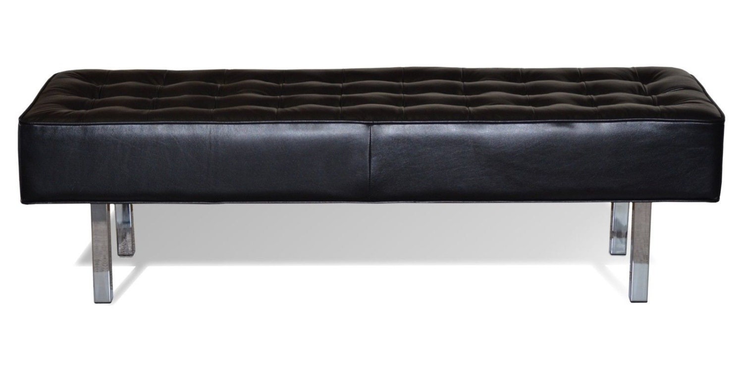 Contemporary Black Genuine Leather, Buttonless Tufted Bench, Ottoman w