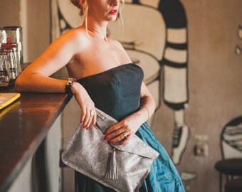 Leather Silver Evening Clutch, Evening Clutch, Day Clutch, Full Grain Leather Clutch