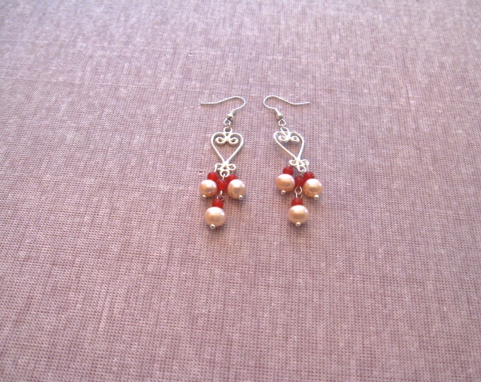 Pearl & Ruby Chandelier Earrings, 2.5" long, 4mm Round Ruby and 6mm Round Pearl Gembeads, Natural E178