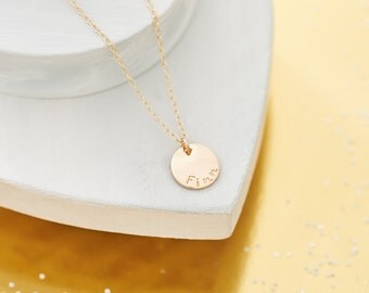 Solid Gold Name Necklace - 9ct Gold Name Necklace - One Disc - Personalised Gold Necklace - 9ct Yellow Gold Hand Stamped Necklace