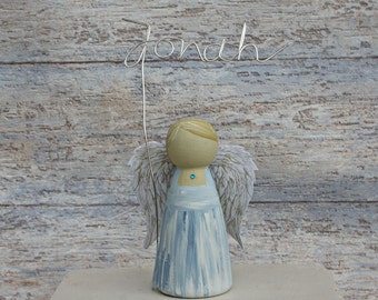 Blue Guardian Angel Peg Doll - New Baby Gift Christening Cake Topper