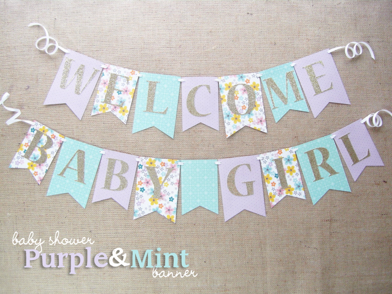 Purple Mint and Gold Baby Shower Banner Welcome Baby Girl