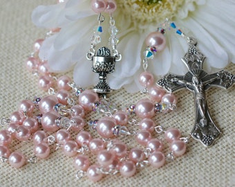 Catholic Swarovski Pearl First Holy Communion Rosary