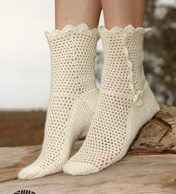 Crochet off white women socks Handmade Organic Wool socks