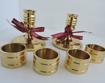 Baldwin Solid Brass Candlesticks & Napkin Rings | Vintage Set of Gold Candle Holders | Dining Tableware | GreenTreeBoutique