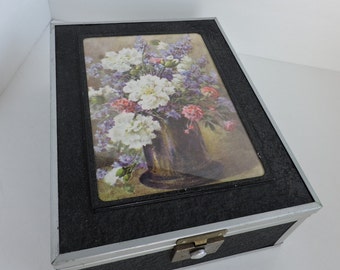 Floral Glove Box with Latch | Jewelry Box with Mirror | Vintage Wooden Vanity Box | Mid Century Dresser Storage | Retro Black Scarf Box