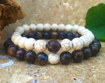 Couples Bracelets - Bronzite & White Howlite - Gemstone His Hers Bracelets - Matching Bracelets - Partners Bracelets