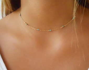 Delicate Bead Necklace; Minimalist Gold & Turquoise Necklace; Layering Necklace, Dainty Gold Necklace; Layered Turquoise Necklace; Turquoise