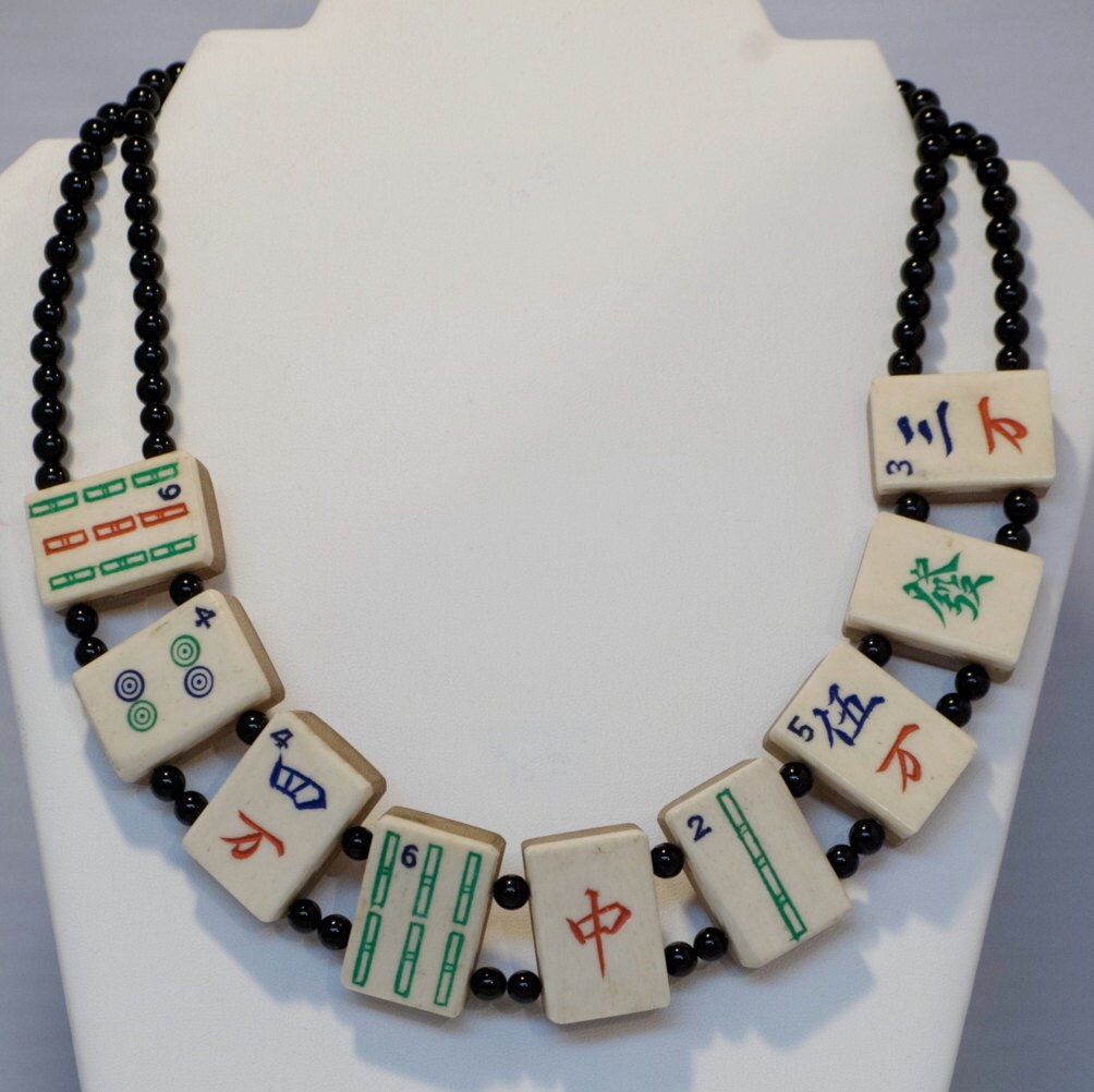 Vintage Mahjong and Black Onyx Necklace by BrigittesJewelry