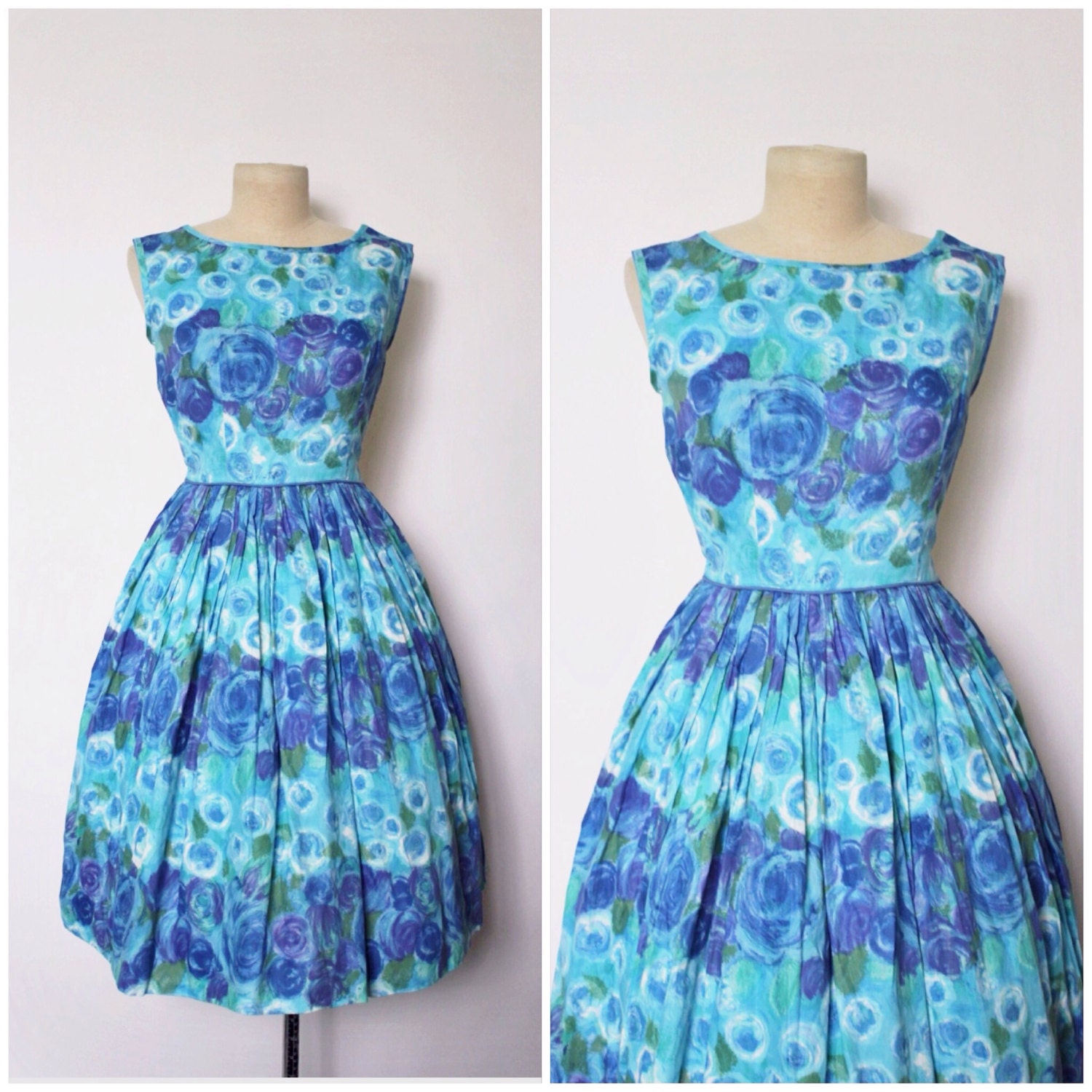 1950s Dress 1960s Blue Floral Print Dress Floral Dress