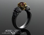 Skull engagement ring with red diamond in solid blackened 14kt gold. Gothic engagement ring. Shared breath. Spooky Jewelry. Amethyst Eyes