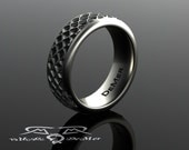 Knurled pressed glass textured wedding band. Vintage punch cup. Heavy white gold 8mm mens wedding ring. Comfort fit classic wide band.