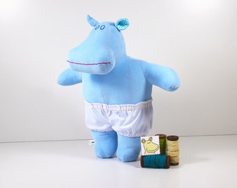 Blue stuffed hippo - Soft doll with white underpants - Dress up fabric doll or hippopotamus toy which is a great blue toy for girls and boys