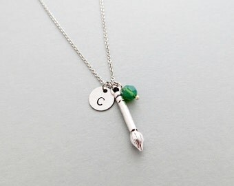 Paintbrush Initial Necklace Personalized Hand Stamped - with Silver Paintbrush Charm and Custom Bead