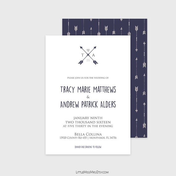 DIY printable wedding invitation - rustic chic - navy and silver arrows