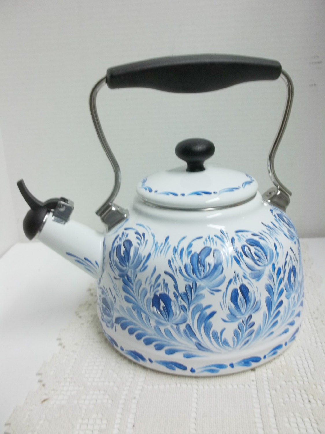 Tea Kettle White Enamel Whistling Tea Kettle by FolkArtByNancy