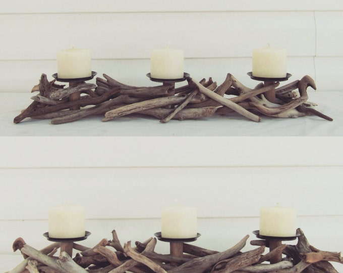 Driftwood Three Pillar Candle Holder, Driftwood Candle Holder, Driftwood Candelabra, Driftwood Art, Beach Decor, Driftwood Beach Decor