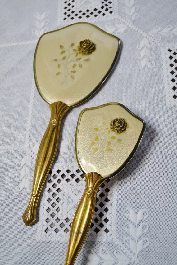 Vintage Hand Mirror and Brush Set Cream Gold Vanity Dresser