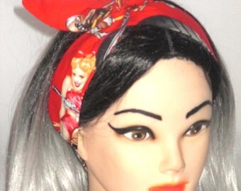 Head Scarf Red Pinup Girls Bikes Motorcycles Rosie the Riveter Headband Pinup Vintage Retro Style 50s Rockabilly Wire Bendable
