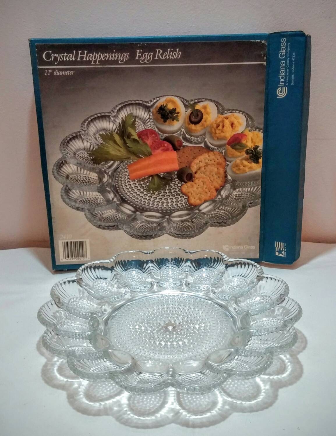 Vintage glass deviled egg platter in box crystal Indiana Glass Haute