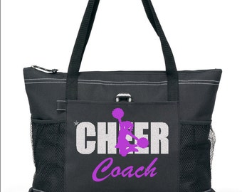 20" CHEER COACH Sports Bag with Silver and Purple Glitter design. Ships in 1 to 3 days.