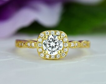 3/4 ctw Halo Engagement Ring, Man Made Diamond Simulants, Art Deco Half Eternity Ring, Promise Ring, Sterling Silver, Yellow Gold Plated