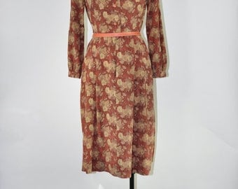 60s rust brown dress / 1970s flower print dress / vintage brown day dress