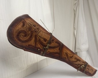 Rifle case, tooled leather, leather,scabbard, gun case, made in Mexico,Horse,tractor,truck