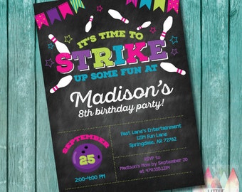 Bowling Party Invitation. Bowling Invitation. Bowling Birthday Invitation. Girl Bowling Invitation. Bowling Birthday Party Invitation