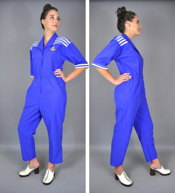 1980s Blue Swishy Jumpsuit M Vintage Button Front Tapered