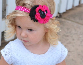 Minnie Mouse Headband, Hot pink and black headband, Baby Headband, Toddler Headband, Hair Bows, shabby chic