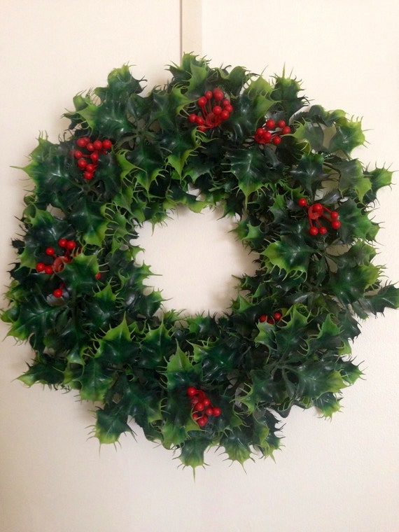 Vintage Plastic Christmas Wreath Holly Wreath By MeriSelleStuff