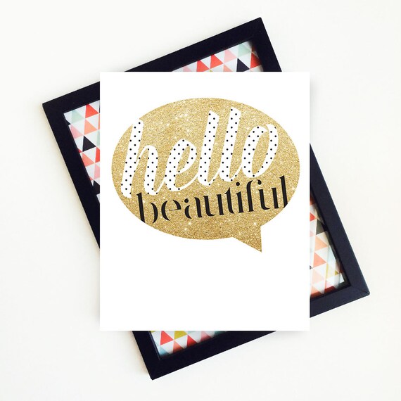 Hello Beautiful Text Bubble Gold Glitter Printable