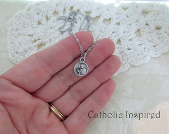 Tiny St Gerard Medal Necklace - Stainless Steel Chain - Catholic Saint Pendant Pregnancy Fertility Baby Mother Mini Dainty Small Simple