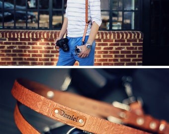 Custom Double Camera Harness, Dual Camera Harness Real Leather Multicamera Strap, Handmade , Adjustable, Custom name initials, Aztec Tribal