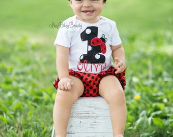 Girls Ladybug Birthday Outfit - Ladybug First Birthday - Girls Ladybug Shirt Or Bodysuit , Headband , Bloomers , TUTU - Embroidered