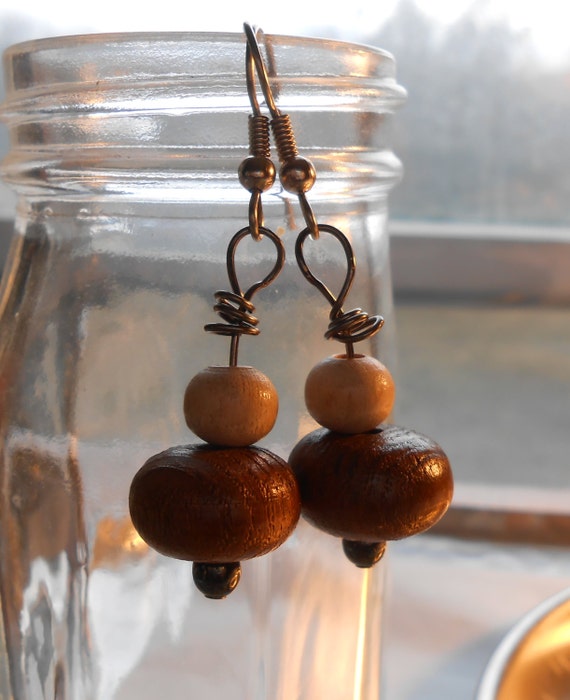 Items similar to Earrings Large Wood Wooden Beads Dangle Drop
