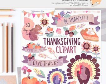 Thanksgiving Clipart: Autumn. GET 3 FOR 2. Watercolour Pumpkin, Turkey, Pie, Banners. Kawaii Handdrawn Pastel Digital Fall Floral Art CA005.