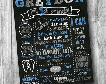 Blue and Grey First Birthday Chalkboard Poster Boy First Birthday Customized 1st Birthday Chalk board Custom Printable Sign Blue Grey White