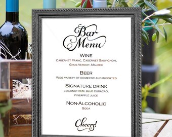 Printable, bar menu sign, wedding bar menu sign, template, diy bar menu.instant download, signs for wedding, S4