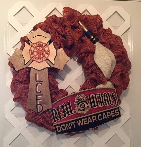 Firefighter Gifts - Firemen Gifts - Firemen Burlap Wreath - Firehouse Gifts - Firehouse Decor - Firemen Decor - Heroes Wreath - Door Decor