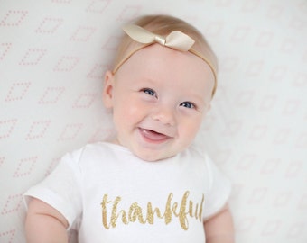 Thanksgiving Bodysuit - Thankful Bodysuit - Baby Girl Thanksgiving Outfit - Thankful Gold Bodysuit and Gold Bow - First Thanksgiving