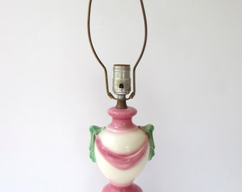 Sweet Vintage Mid Century Table Lamp - Ceramic Urn Shape with Pink and Green Swag Design - White Pink Green Lamp -